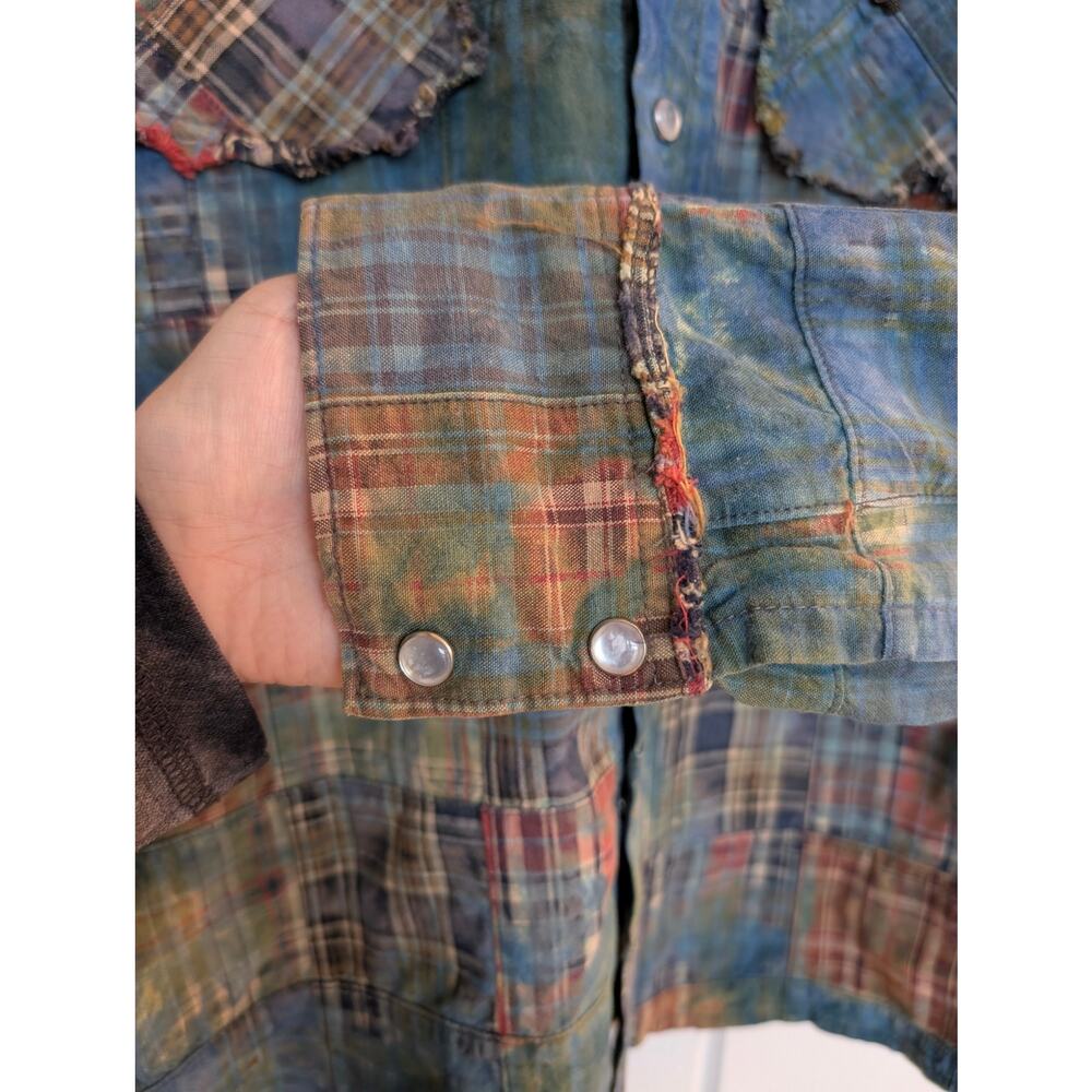 Custom Distresssed Studded Yoke Patchwork Madras Plaid Western Shirt - Picture 9 of 9